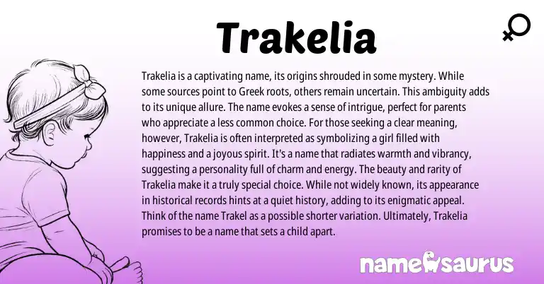 Infographic about Trakelia name meaning, Trakelia is a name from Greek origin(s).