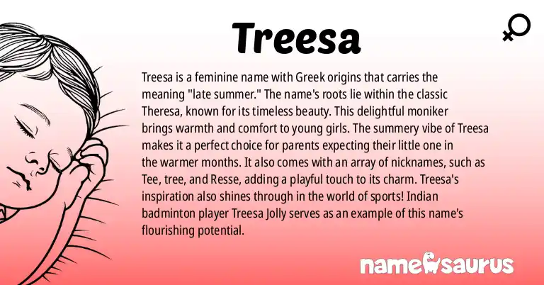 Infographic about Treesa name meaning, Treesa is a name from Greek origin(s).