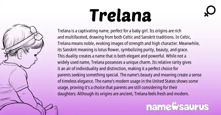 Infographic about Trelana name meaning, Trelana is a name from Celtic, Sanskrit origin(s).
