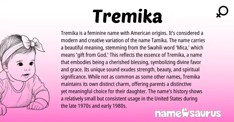 Infographic about Tremika name meaning, Tremika is a name from American, Swahili origin(s).