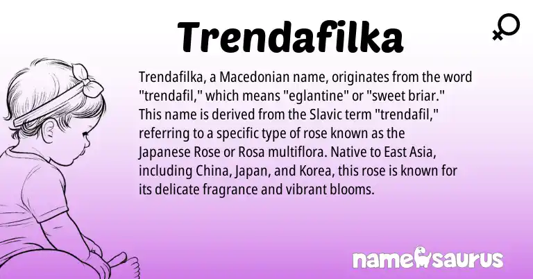 Infographic about Trendafilka name meaning, Trendafilka is a name from Slavic, Macedonian, Japanese origin(s).