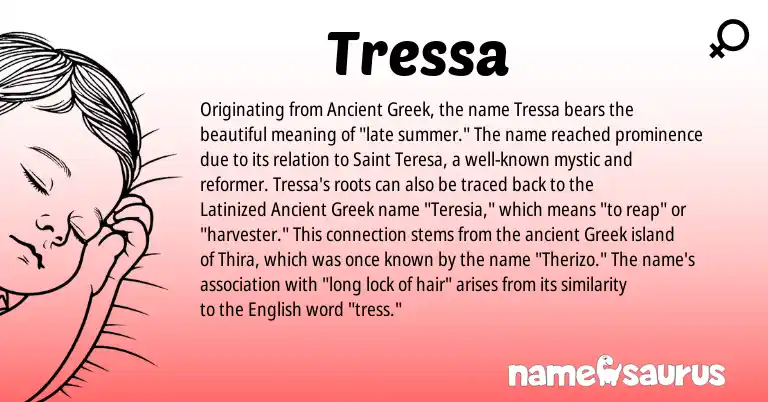 Infographic about Tressa name meaning, Tressa is a name from English, Ancient Greek, Greek origin(s).