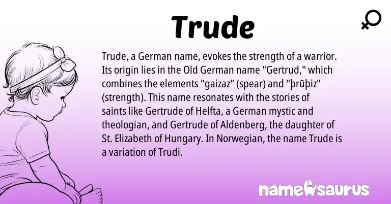 Infographic about Trude name meaning, Trude is a name from Old German, German, Norwegian origin(s).