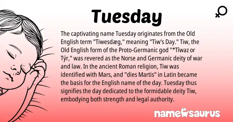 Infographic about Tuesday name meaning, Tuesday is a name from English, Roman, Germanic, Latin, Old English, Norse origin(s).