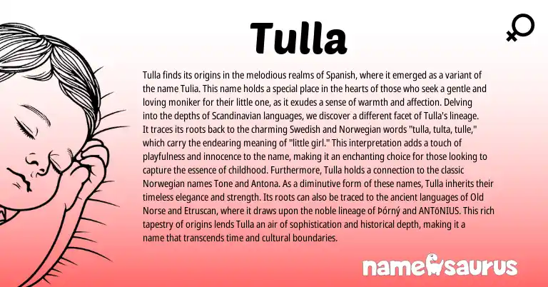 Infographic about Tulla name meaning, Tulla is a name from Old Norse, Spanish, Scandinavian, Norwegian, Etruscan, Swedish origin(s).