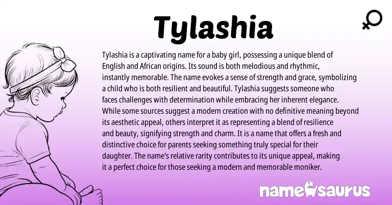 Infographic about Tylashia name meaning, Tylashia is a name from African, English origin(s).
