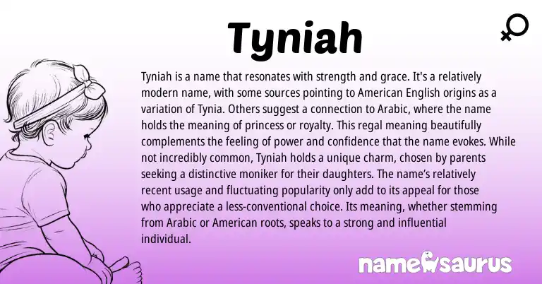 Infographic about Tyniah name meaning, Tyniah is a name from Arabic origin(s).