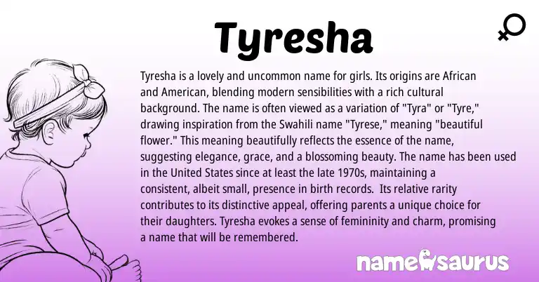 Infographic about Tyresha name meaning, Tyresha is a name from American, African, Swahili origin(s).