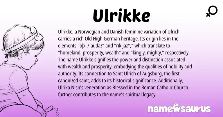 Infographic about Ulrikke name meaning, Ulrikke is a name from Norwegian, Old High German, Roman, Danish origin(s).
