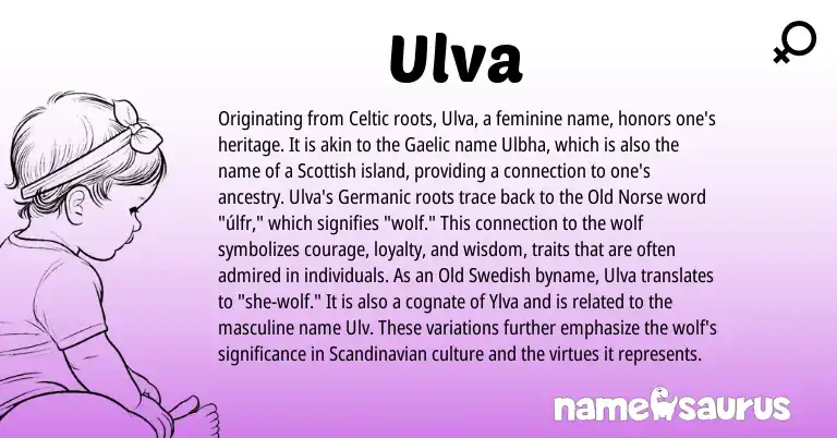 Infographic about Ulva name meaning, Ulva is a name from Old Norse, Scandinavian, Old Swedish, Gaelic, Germanic, Celtic, Scottish origin(s).
