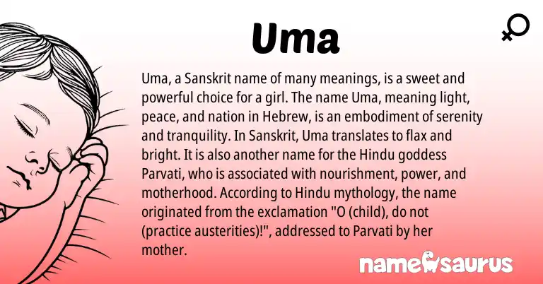 Infographic about Uma name meaning, Uma is a name from Sanskrit, Hindu, Hebrew origin(s).