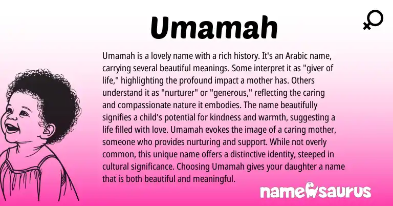 Infographic about Umamah name meaning, Umamah is a name from Arabic origin(s).