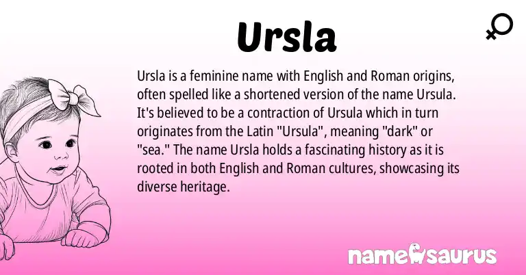 Infographic about Ursla name meaning, Ursla is a name from English (American), Romansh origin(s).