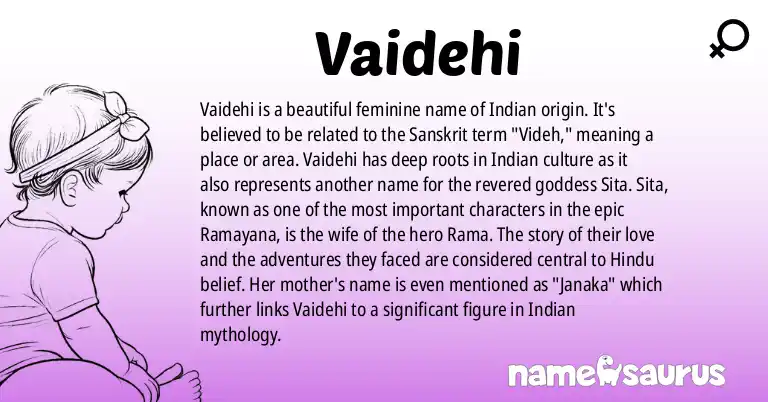 Infographic about Vaidehi name meaning, Vaidehi is a name from Indian origin(s).