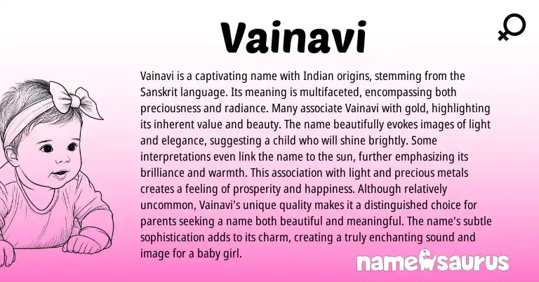 Infographic about Vainavi name meaning, Vainavi is a name from Indian, Sanskrit origin(s).