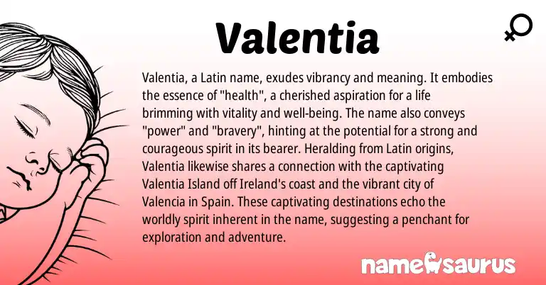 Infographic about Valentia name meaning, Valentia is a name from Spain, Ireland, Latin origin(s).