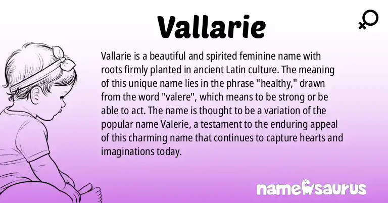 Infographic about Vallarie name meaning, Vallarie is a name from Latin origin(s).