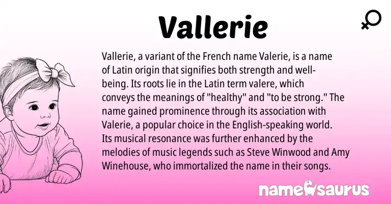 Infographic about Vallerie name meaning, Vallerie is a name from English, French, Latin origin(s).