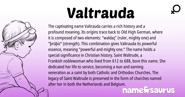 Infographic about Valtrauda name meaning, Valtrauda is a name from Old High German, Netherlands, Frankish origin(s).