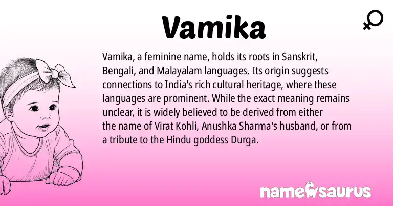 Infographic about Vamika name meaning, Vamika is a name from Sanskrit, Bengali, Malayalam origin(s).