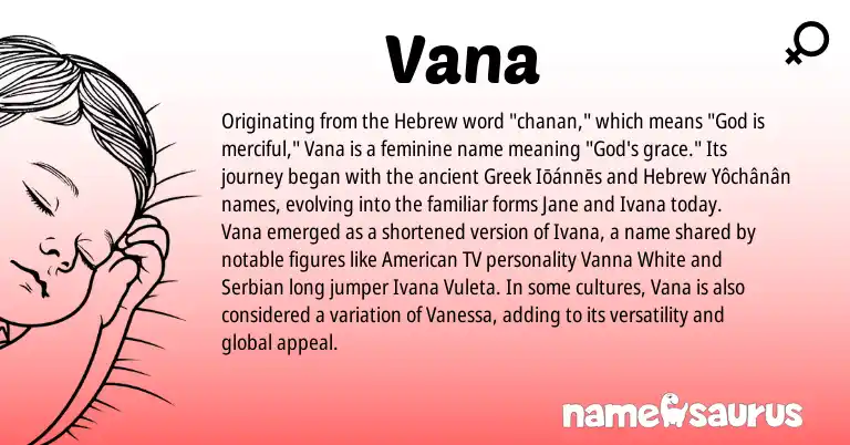 Infographic about Vana name meaning, Vana is a name from Serbian, American, Hebrew, Greek origin(s).