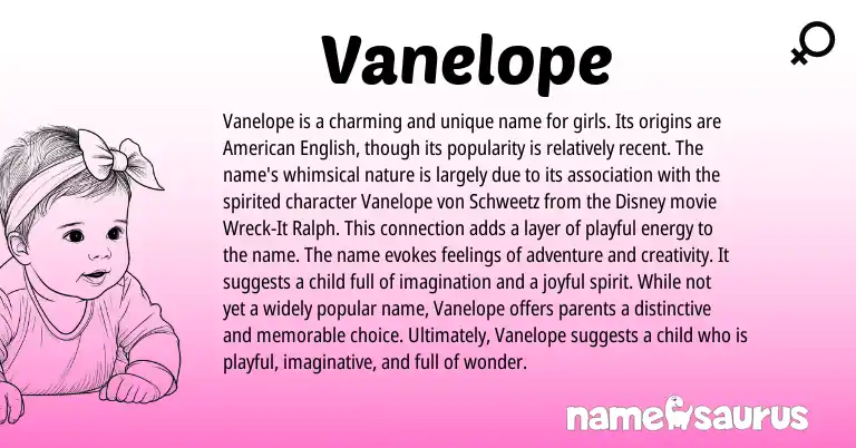Infographic about Vanelope name meaning, Vanelope is a name from English origin(s).