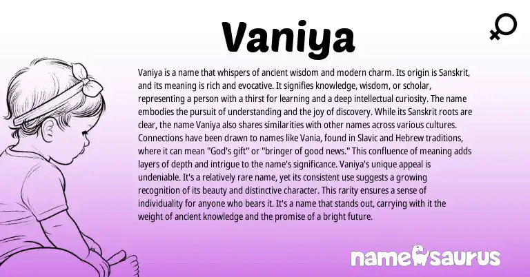 Infographic about Vaniya name meaning, Vaniya is a name from Persian, Sanskrit, Arabic origin(s).