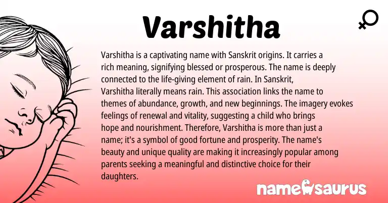 Infographic about Varshitha name meaning, Varshitha is a name from Indian, Sanskrit origin(s).