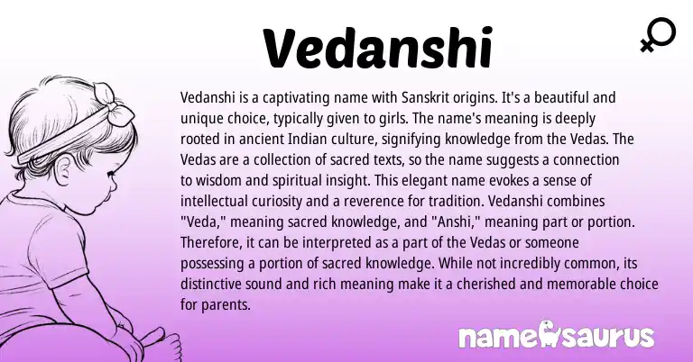 Infographic about Vedanshi name meaning, Vedanshi is a name from Gujarati, Indian, Sanskrit origin(s).
