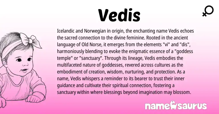 Infographic about Vedis name meaning, Vedis is a name from Norwegian, Old Norse, Icelandic origin(s).