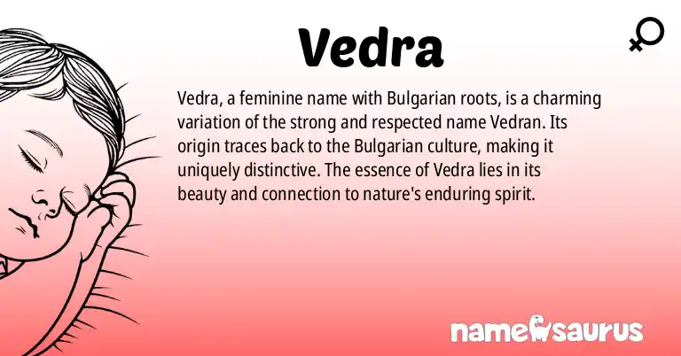 Infographic about Vedra name meaning, Vedra is a name from Bulgarian origin(s).