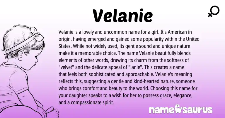Infographic about Velanie name meaning, Velanie is a name from English origin(s).