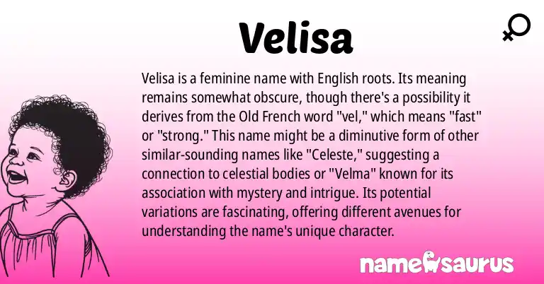 Infographic about Velisa name meaning, Velisa is a name from English origin(s).