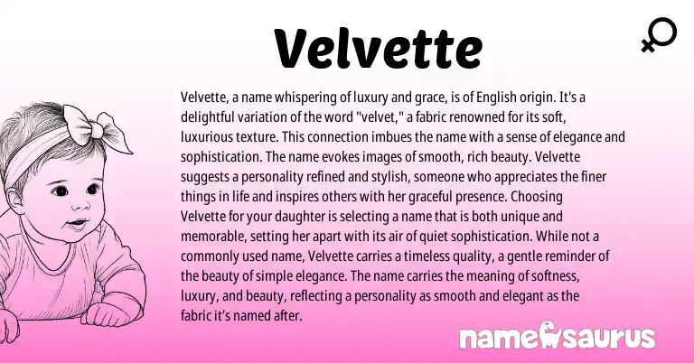 Infographic about Velvette name meaning, Velvette is a name from English origin(s).