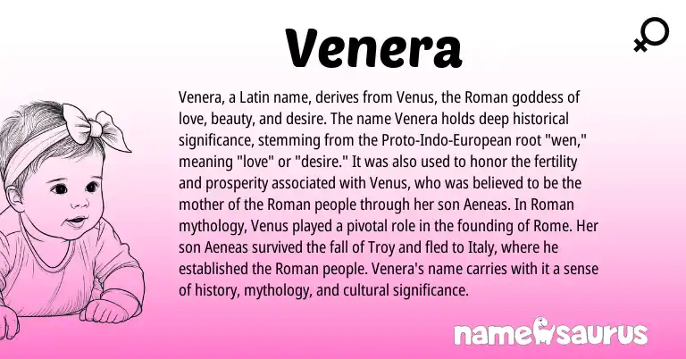 Infographic about Venera name meaning, Venera is a name from Roman, Latin, European origin(s).