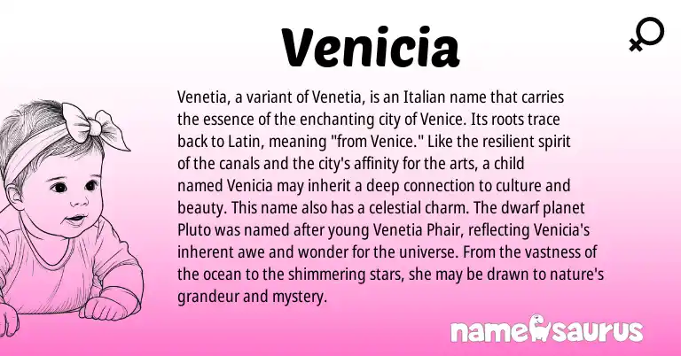 Infographic about Venicia name meaning, Venicia is a name from Latin, Italian origin(s).