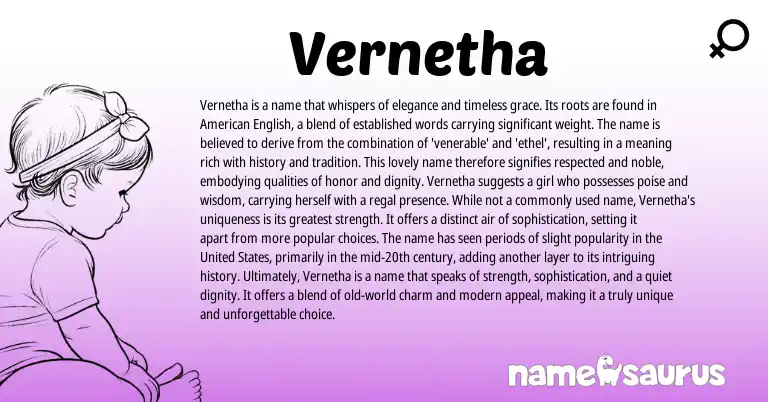 Infographic about Vernetha name meaning, Vernetha is a name from English origin(s).
