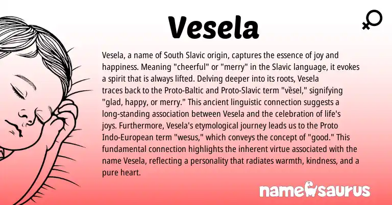 Infographic about Vesela name meaning, Vesela is a name from Slavic, European, Proto-Baltic origin(s).