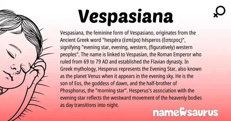 Infographic about Vespasiana name meaning, Vespasiana is a name from Ancient Greek, Roman, Greek origin(s).