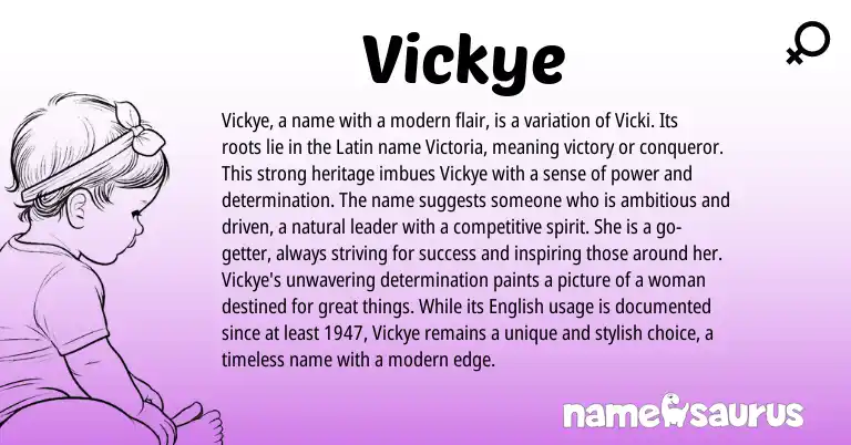 Infographic about Vickye name meaning, Vickye is a name from Latin, English origin(s).