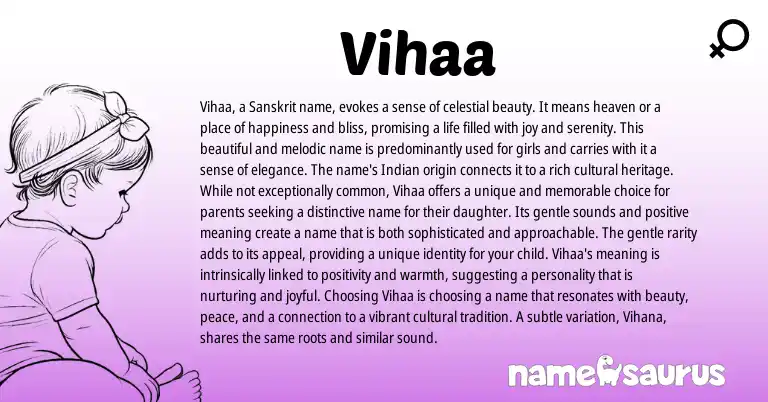 Infographic about Vihaa name meaning, Vihaa is a name from Indian, Sanskrit origin(s).