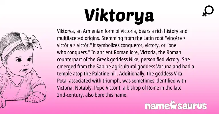 Infographic about Viktorya name meaning, Viktorya is a name from Roman, Armenian, Latin, Greek origin(s).