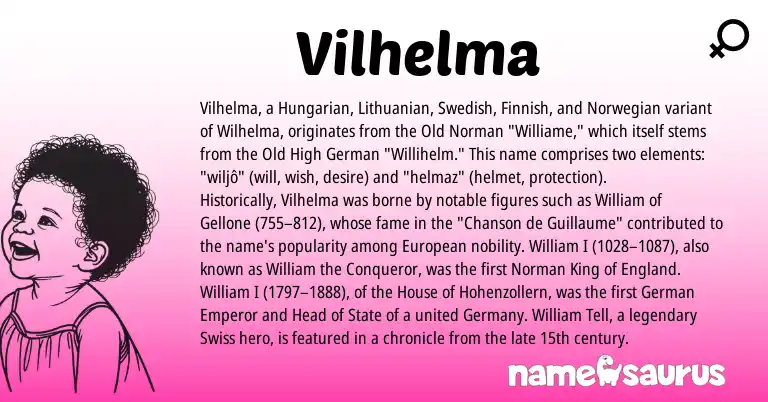 Infographic about Vilhelma name meaning, Vilhelma is a name from Finnish, Swiss, Lithuanian, Old High German, European, England, Norwegian, Hungarian, Swedish, Old Norman, German, Norman origin(s).