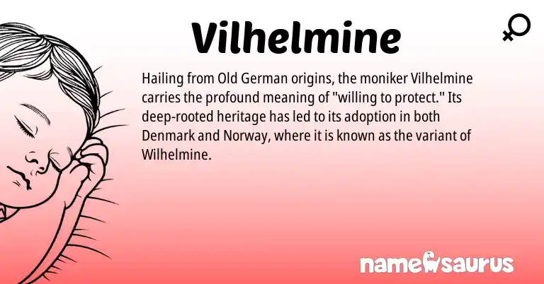 Infographic about Vilhelmine name meaning, Vilhelmine is a name from Old German, Norway origin(s).