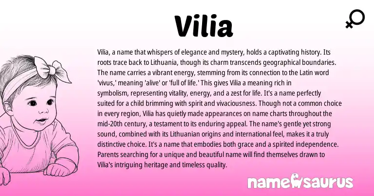 Infographic about Vilia name meaning, Vilia is a name from European, Hungarian, Latin, Ga origin(s).