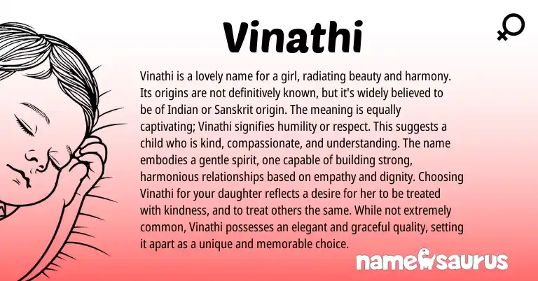 Infographic about Vinathi name meaning, Vinathi is a name from Indian, Sanskrit origin(s).