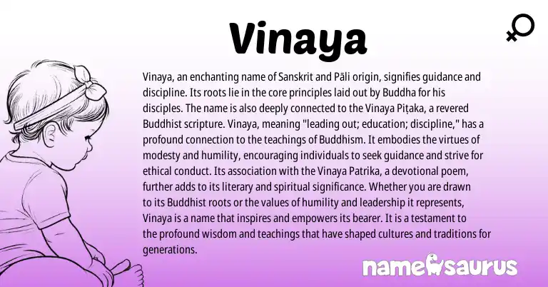 Infographic about Vinaya name meaning, Vinaya is a name from Sanskrit, Buddhism origin(s).