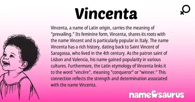 Infographic about Vincenta name meaning, Vincenta is a name from Latin origin(s).