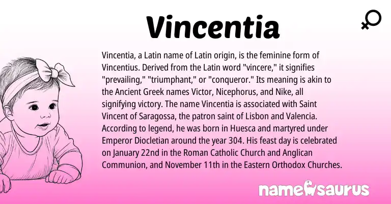 Infographic about Vincentia name meaning, Vincentia is a name from Roman, Ancient Greek, Latin origin(s).