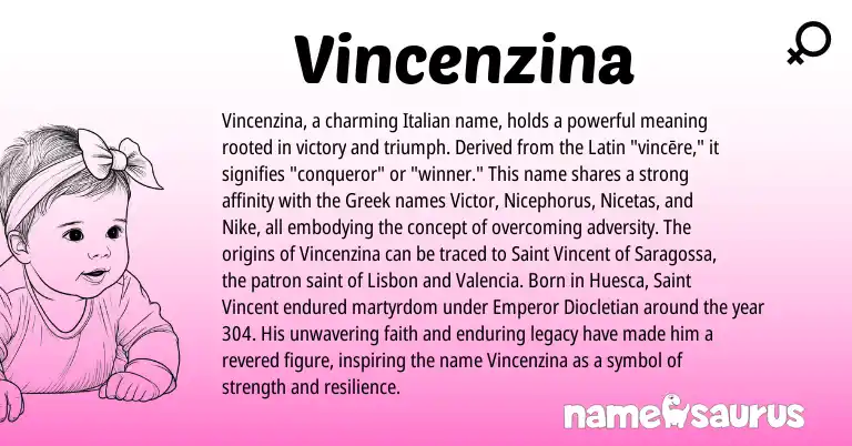 Infographic about Vincenzina name meaning, Vincenzina is a name from Greek, Latin, Italian origin(s).